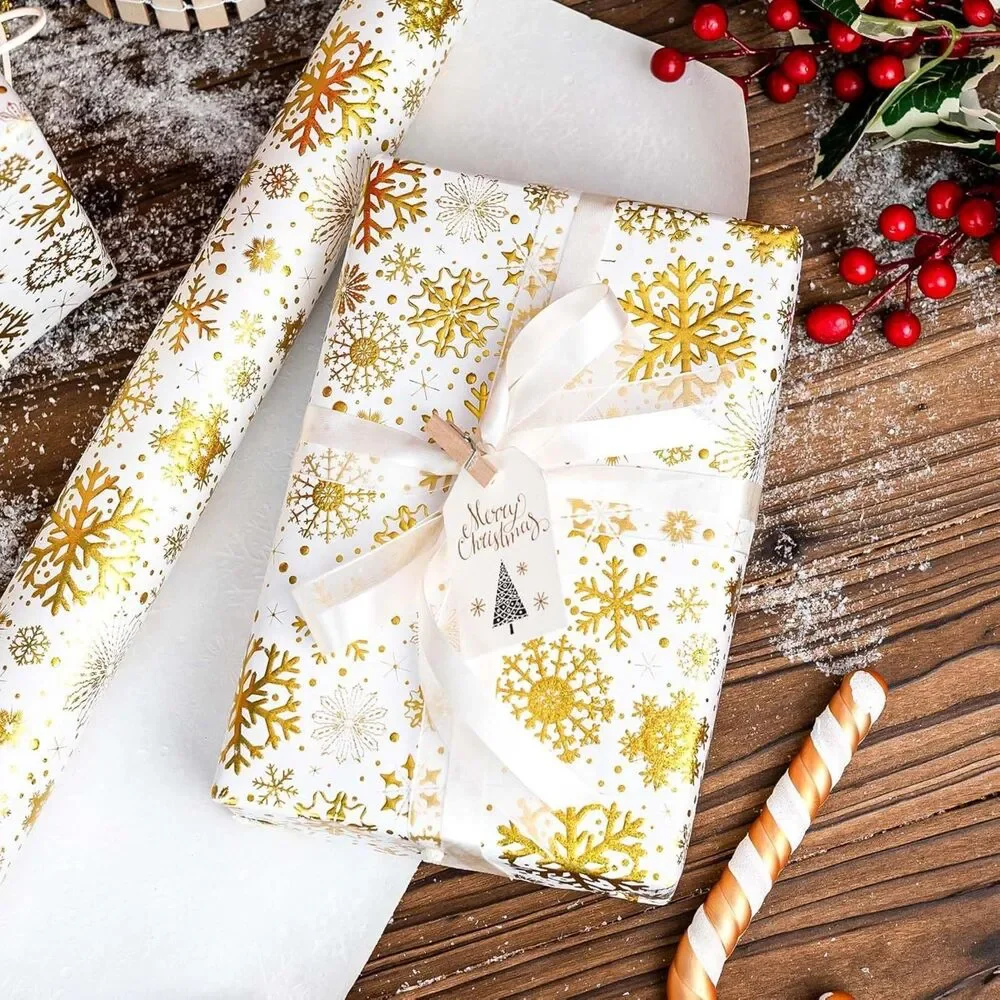 Homeral Christmas Wrapping Paper Roll - 3D Embossed Gold Foil Shine Snowflakes